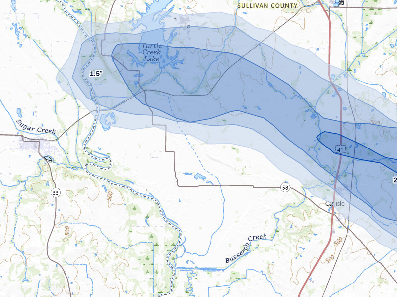NEXRAD radar-signature map of the hail storm over Carlisle, IN on Aug 11, 2026