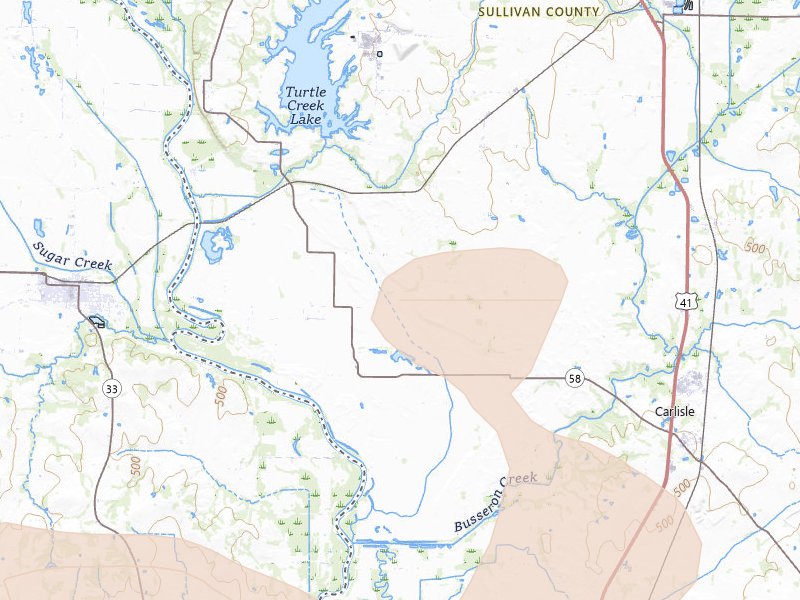 Radar-estimated hail-size map of the storm over Carlisle, IN on Aug 12, 2026