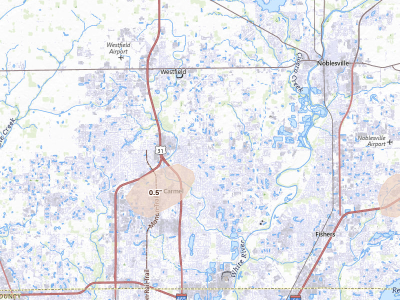 Radar-estimated hail-size map of the storm over Carmel, IN on Jul 4, 2026