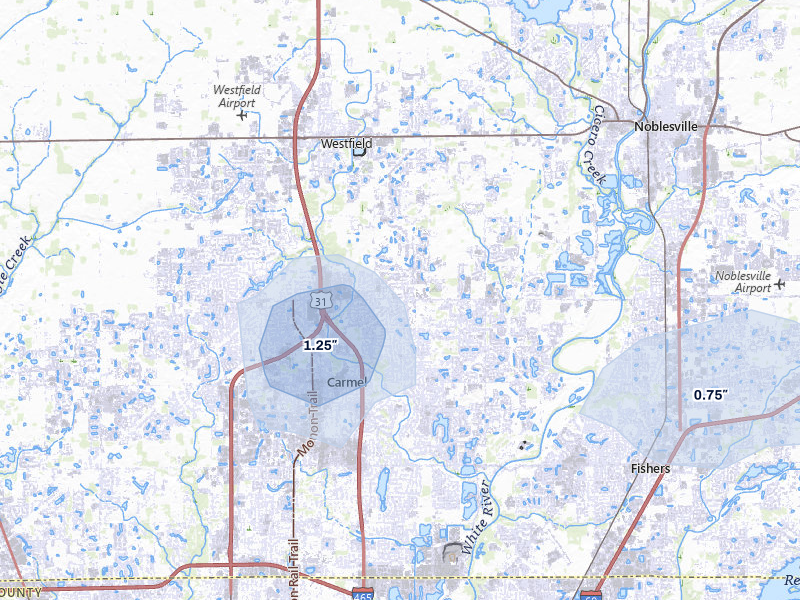 NEXRAD radar-signature map of the hail over Carmel, IN