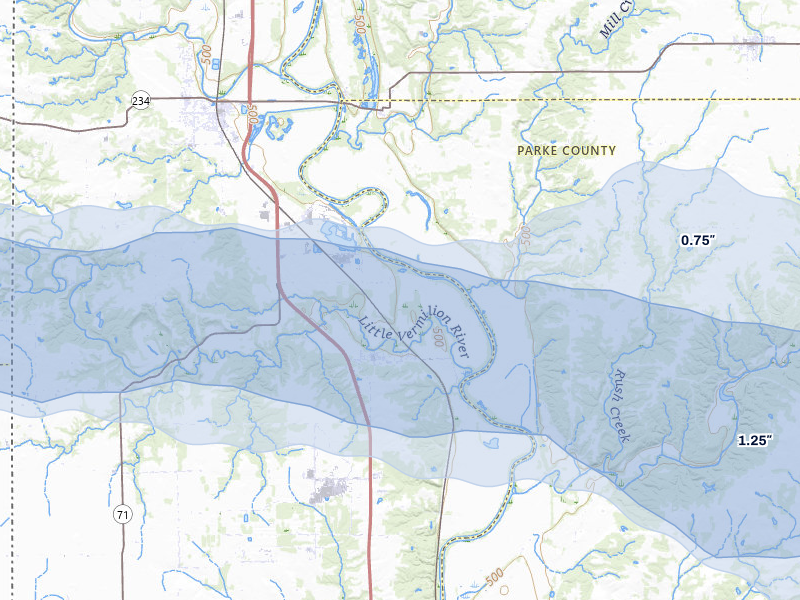 NEXRAD radar-signature map of the hail storm over Cayuga, IN on Mar 22, 2026