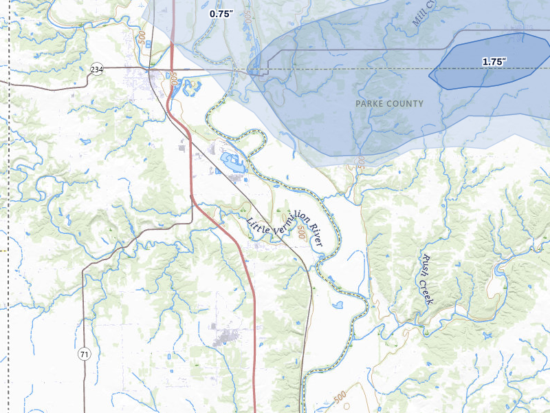 NEXRAD radar-signature map of the hail over Cayuga, IN