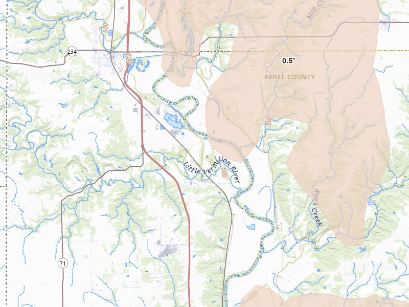 Radar-estimated hail-size map of the storm over Cayuga, IN on Jul 27, 2026