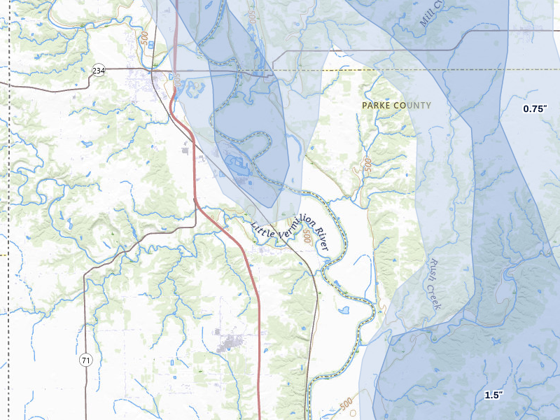 NEXRAD radar-signature map of the hail storm over Cayuga, IN on Jul 27, 2026