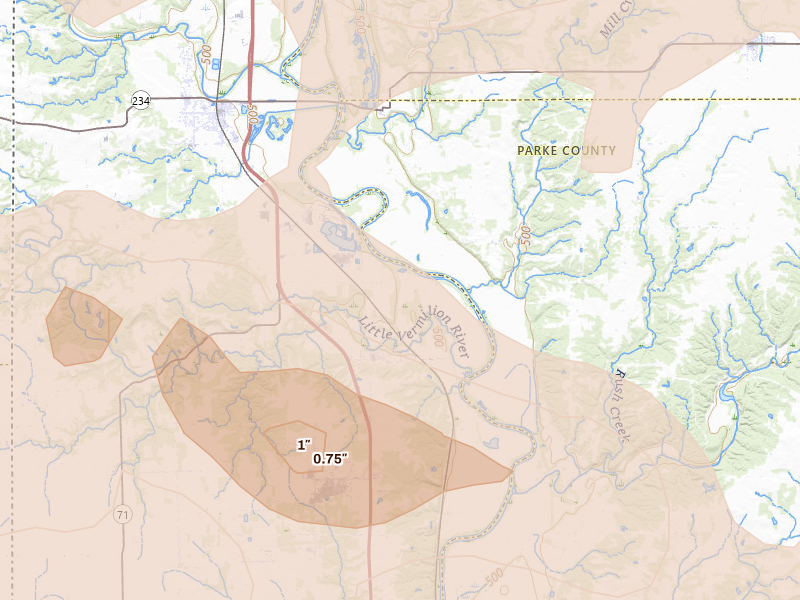 Radar-estimated hail-size map of the storm over Cayuga, IN on Aug 11, 2026