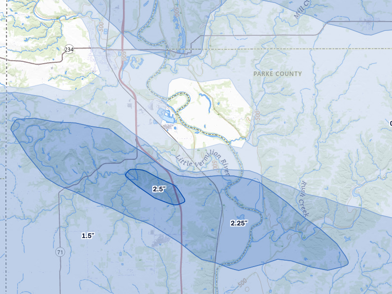 NEXRAD radar-signature map of the hail storm over Cayuga, IN on Aug 11, 2026