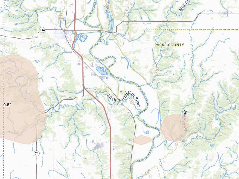 Radar-estimated hail-size map of the storm over Cayuga, IN on Aug 12, 2026