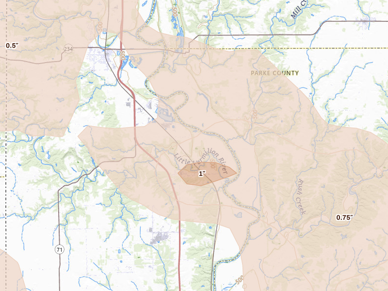 Radar-estimated hail-size map of the storm over Cayuga, IN on Aug 13, 2026