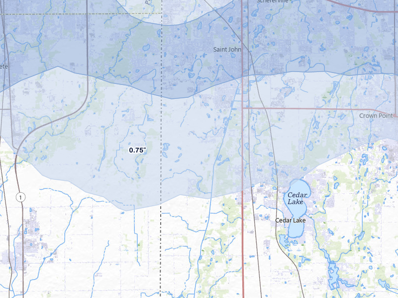 NEXRAD radar-signature map of the hail over Cedar Lake, IN