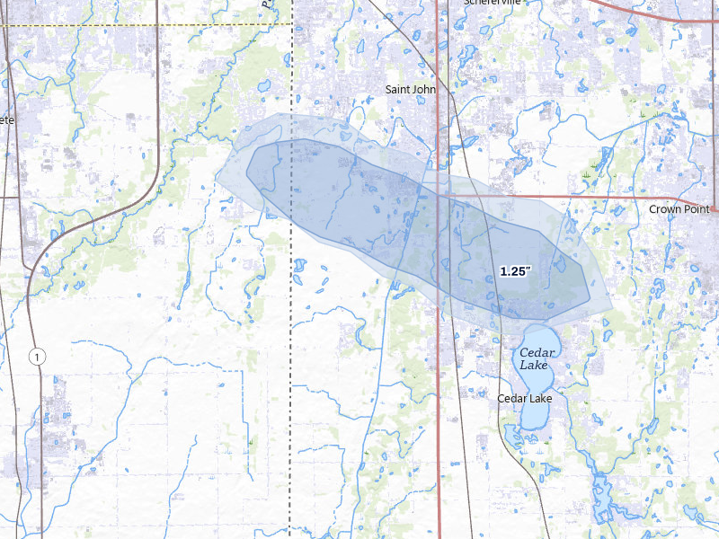 NEXRAD radar-signature map of the hail storm over Cedar Lake, IN on Jul 20, 2026