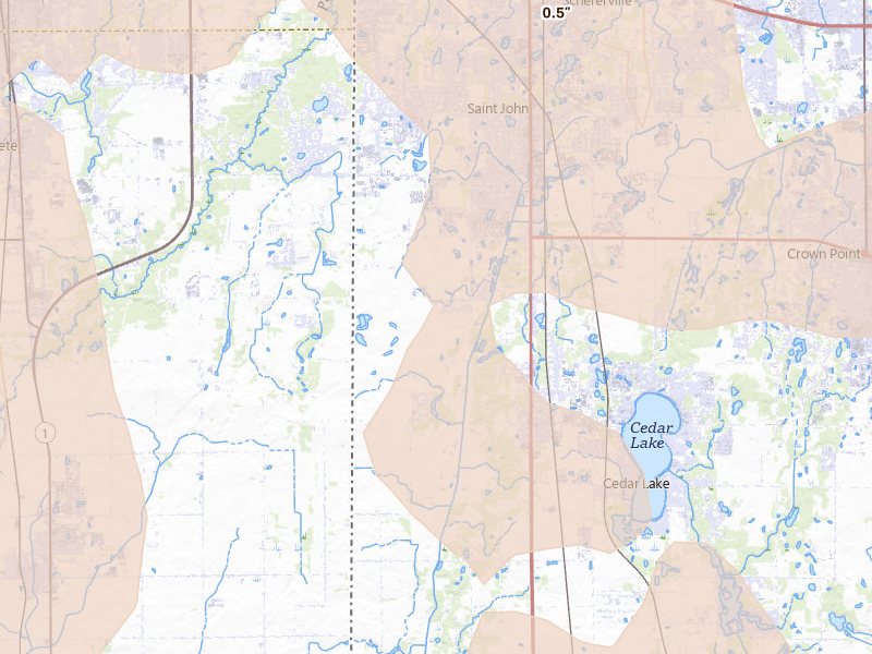 Radar-estimated hail-size map of the storm over Cedar Lake, IN on Jul 27, 2026