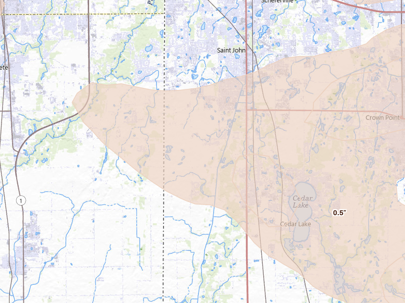 Radar-estimated hail-size map of the storm over Cedar Lake, IN on Aug 11, 2026