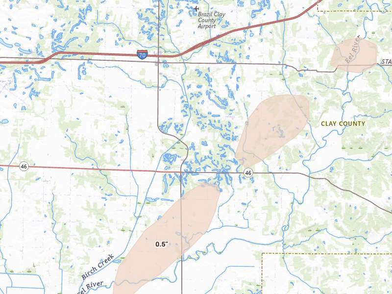 Radar-estimated hail-size map of the storm over Centerpoint, IN on May 18, 2026