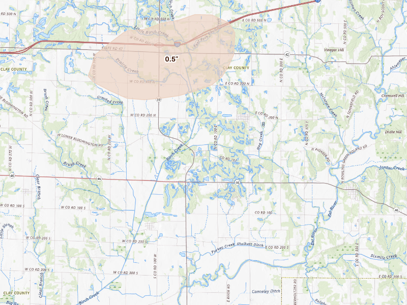 Radar-estimated hail-size map of the storm over Centerpoint, IN on Sep 16, 2026