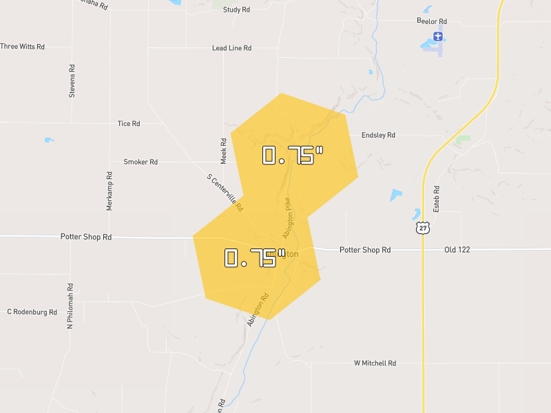 Hail map of Centerville, IN on Jul 3, 2026, hail up to 0.75"