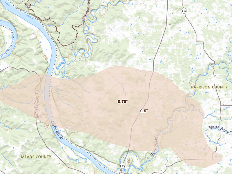 Radar-estimated hail-size map of the storm over Central, IN on Jun 21, 2026
