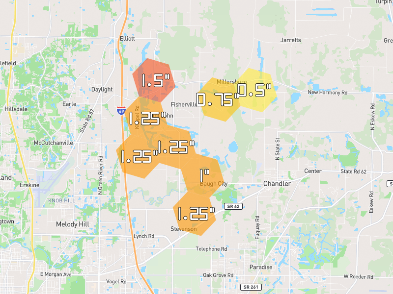 Hail map of Chandler, IN on Jul 26, 2026, hail up to 1.5"