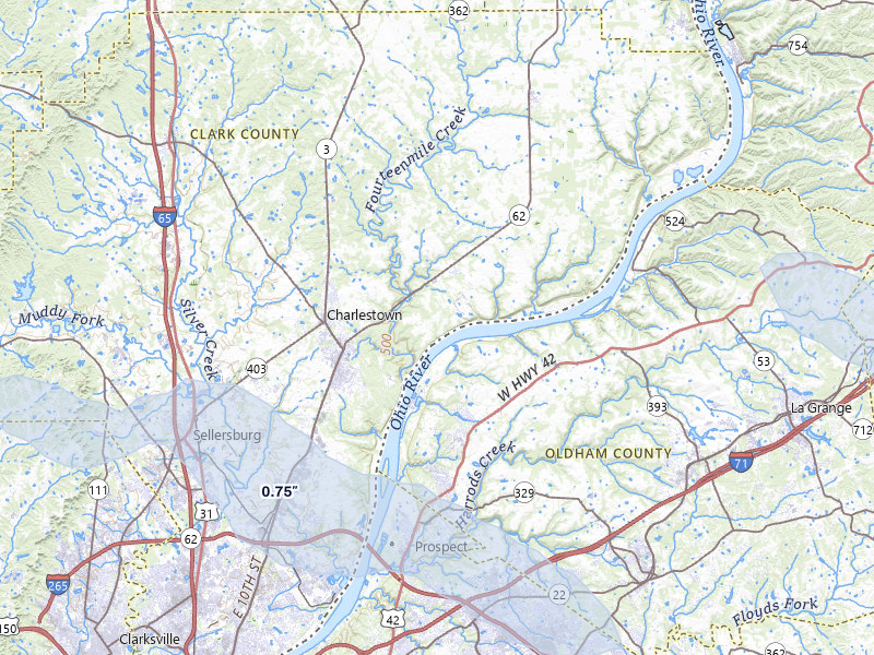 NEXRAD radar-signature map of the hail storm over Charlestown, IN on May 3, 2026