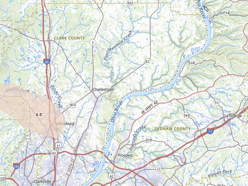 Radar-estimated hail-size map of the storm over Charlestown, IN on Jul 21, 2026