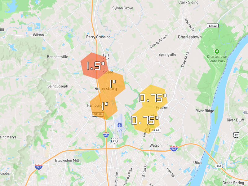 Hail map of Charlestown, IN on Jul 21, 2026, hail up to 1.5"