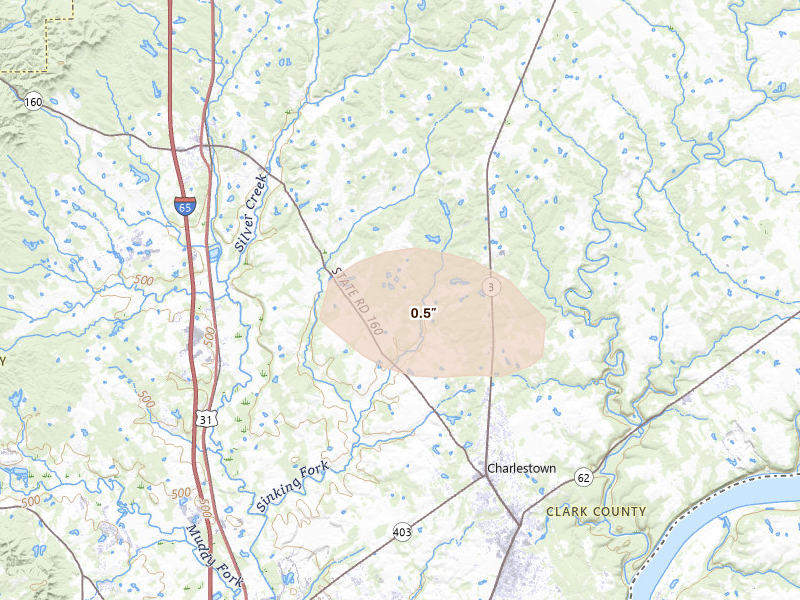 Radar-estimated hail-size map of the storm over Charlestown, IN on Aug 13, 2026
