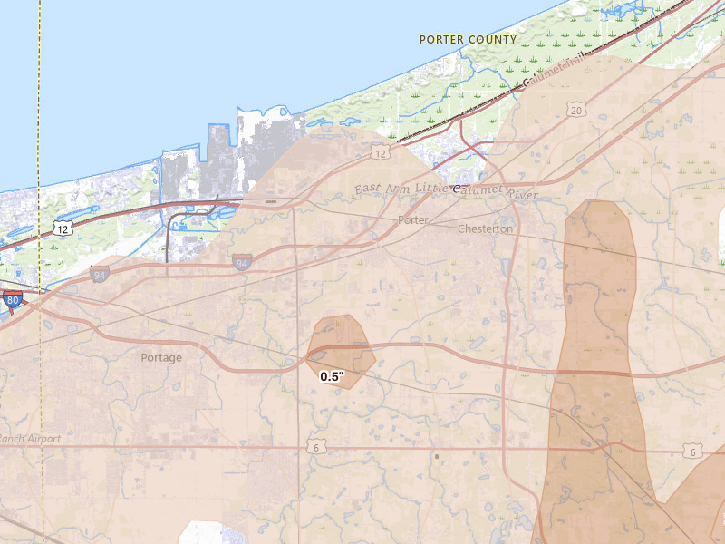 Radar-estimated hail-size map of the storm over Chesterton, IN on Mar 10, 2026