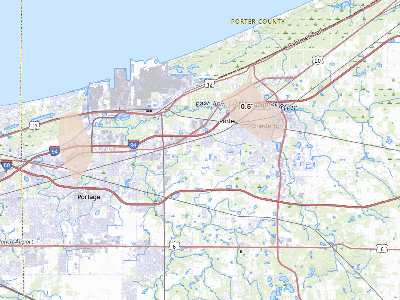 Radar-estimated hail-size map of the storm over Chesterton, IN on Jun 11, 2026