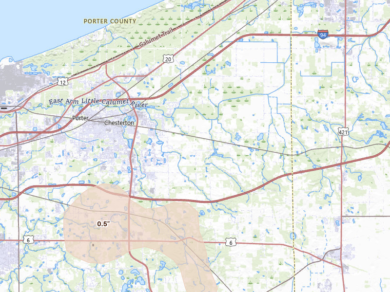 Radar-estimated hail-size map of the storm over Chesterton, IN on Aug 9, 2026