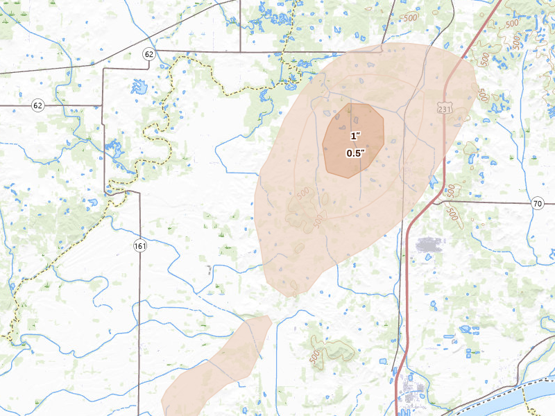 Radar-estimated hail-size map of the storm over Chrisney, IN on May 19, 2026