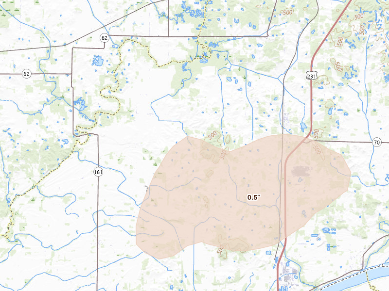 Radar-estimated hail-size map of the storm over Chrisney, IN on Jul 9, 2026