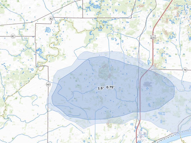 NEXRAD radar-signature map of the hail storm over Chrisney, IN on Jul 9, 2026