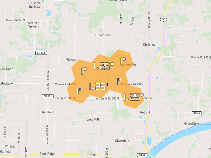Hail map of Chrisney, IN on Jul 10, 2026, hail up to 1.25"