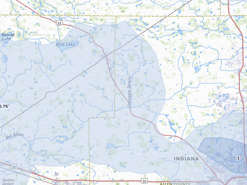 NEXRAD radar-signature map of the hail over Churubusco, IN