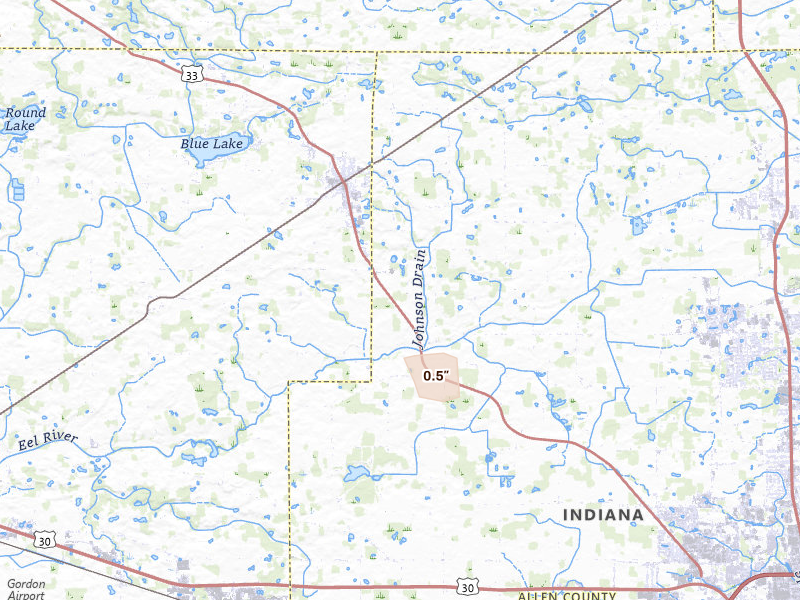 Radar-estimated hail-size map of the storm over Churubusco, IN on Jul 9, 2026