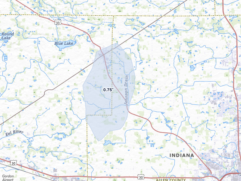 NEXRAD radar-signature map of the hail storm over Churubusco, IN on Jul 9, 2026