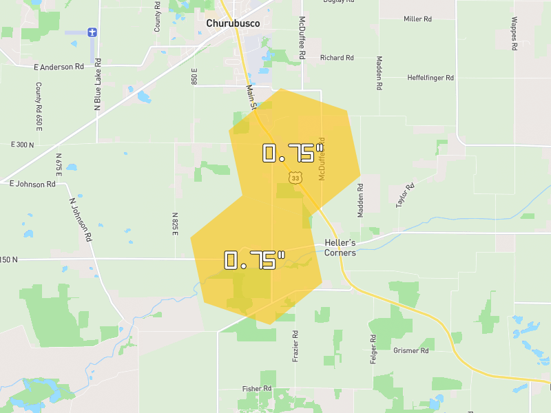 Hail map of Churubusco, IN on Jul 10, 2026, hail up to 0.75"