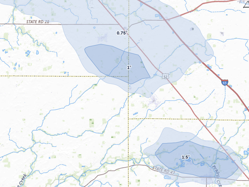 NEXRAD radar-signature map of the hail storm over Clarks Hill, IN on Jun 6, 2026