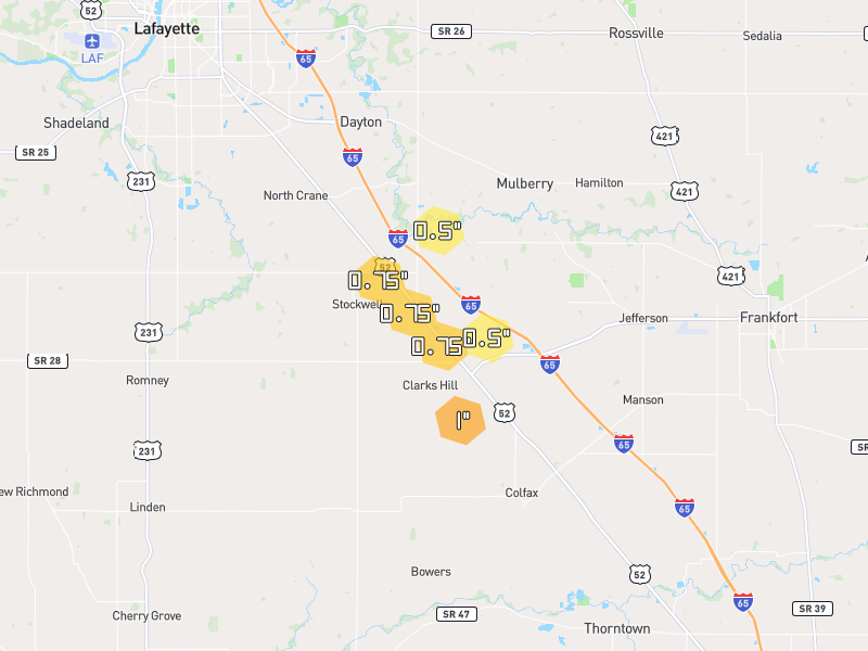 Hail map of Clarks Hill, IN on Jun 6, 2026, hail up to 1"
