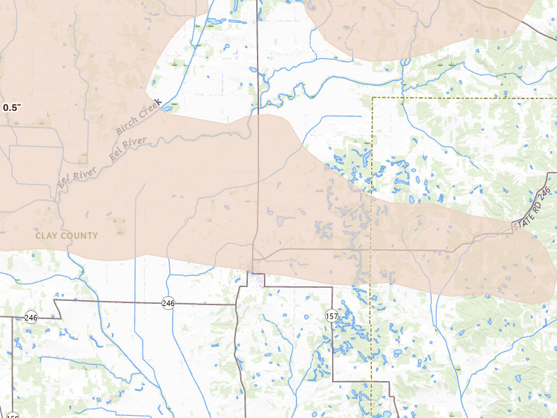 Radar-estimated hail-size map of the storm over Clay City, IN on Jun 17, 2026