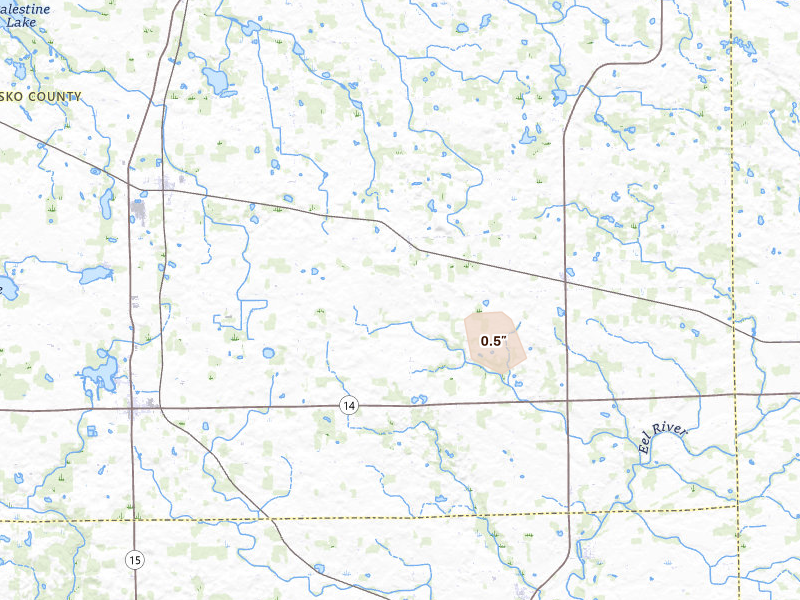 Radar-estimated hail-size map of the storm over Claypool, IN on Apr 13, 2026