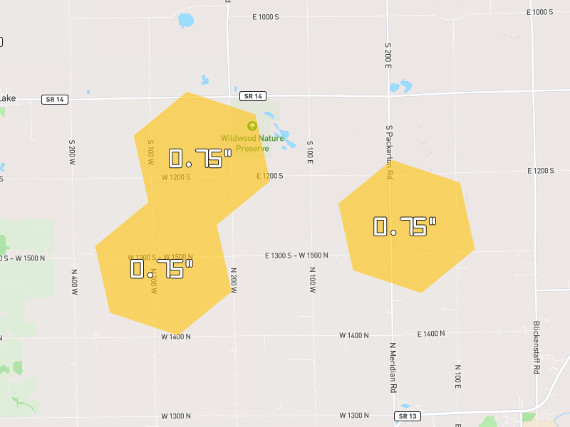 Hail map of Claypool, IN on Jun 6, 2026, hail up to 0.75"