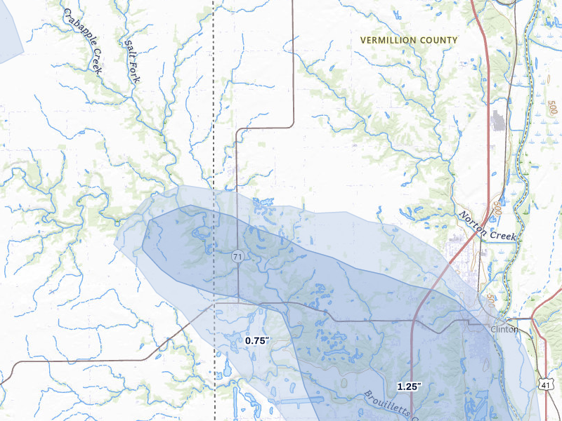 NEXRAD radar-signature map of the hail storm over Clinton, IN on Aug 12, 2026