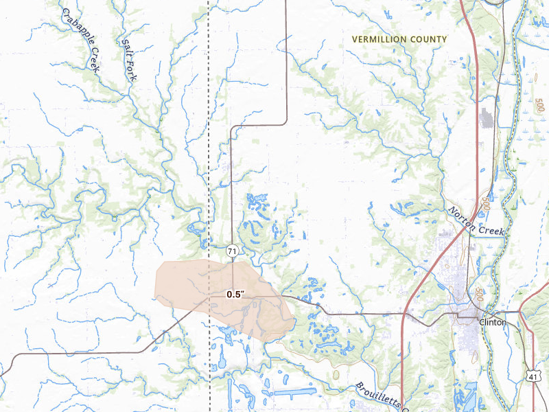 Radar-estimated hail-size map of the storm over Clinton, IN on Aug 26, 2026