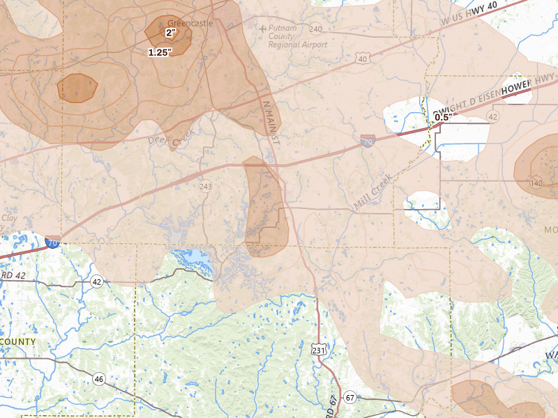 Radar-estimated hail-size map of the storm over Cloverdale, IN on Aug 11, 2026
