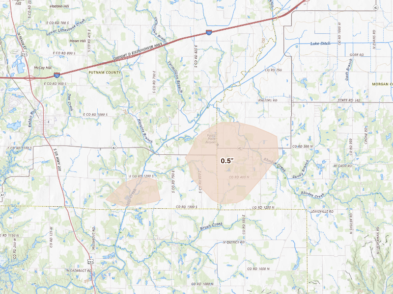 Radar-estimated hail-size map of the storm over Cloverdale, IN on Sep 16, 2026