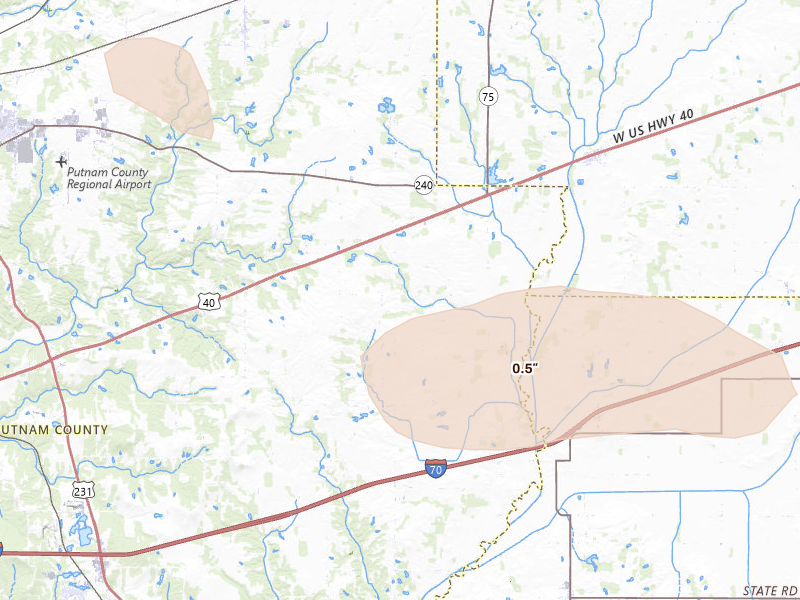 Radar-estimated hail-size map of the storm over Coatesville, IN on Mar 22, 2026