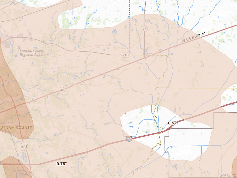Radar-estimated hail-size map of the storm over Coatesville, IN on Aug 11, 2026