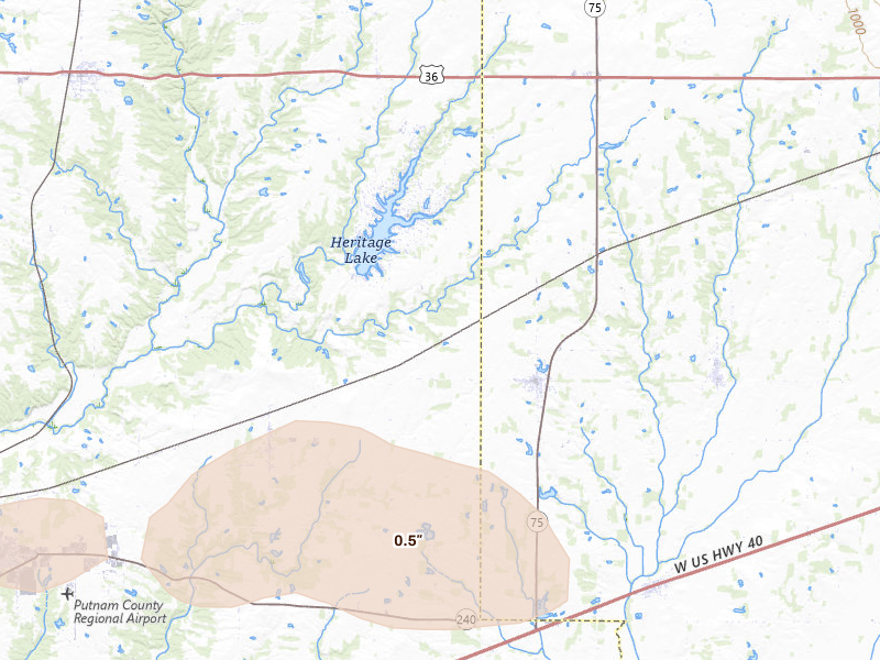 Radar-estimated hail-size map of the storm over Coatesville, IN on Aug 26, 2026