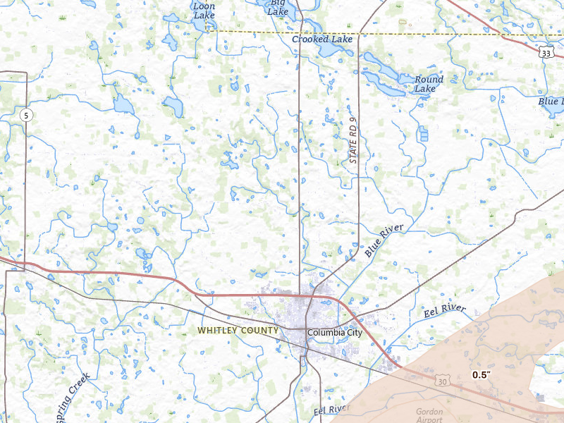 Radar-estimated hail-size map of the storm over Columbia City, IN