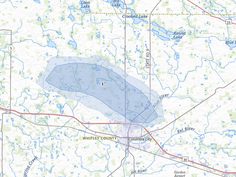 NEXRAD radar-signature map of the hail over Columbia City, IN